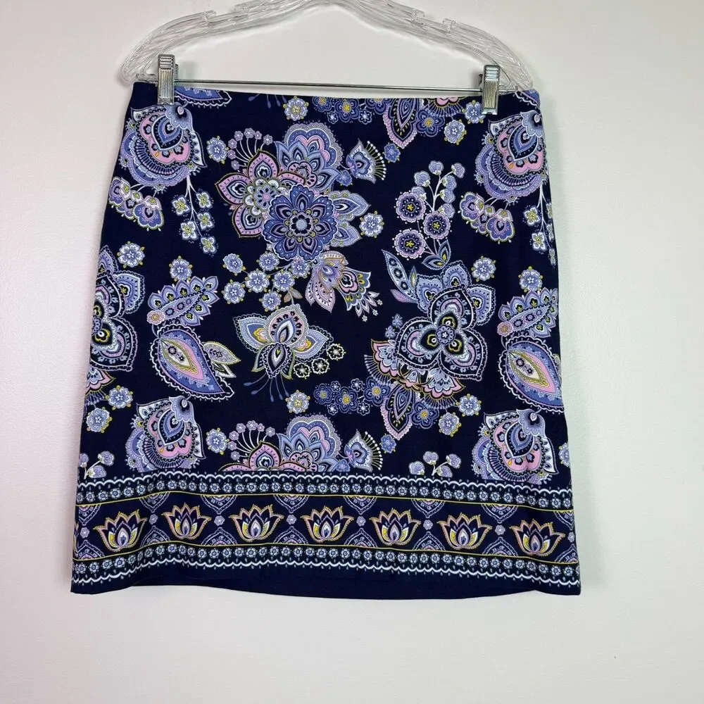 Talbots Paisley Canvas A-Line Skirt Navy Women's 10 Business Casual Coastal Boho - Picture 9 of 12